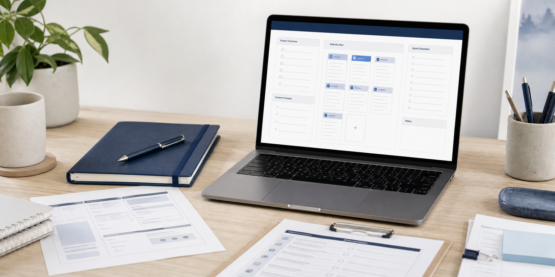 Laptop displaying organized website-planning worksheets beside a notebook and printed planning materials